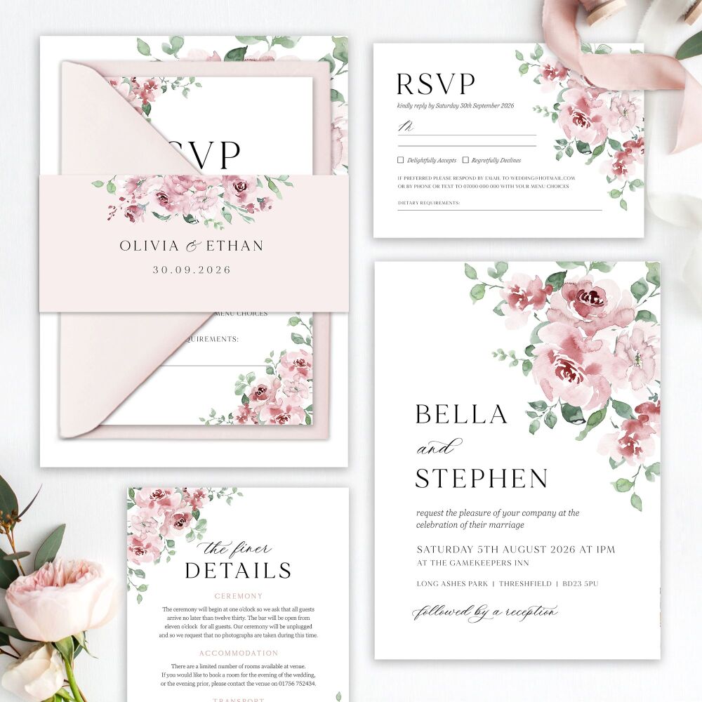 Dusky Blush Floral Wedding Invitation Sample