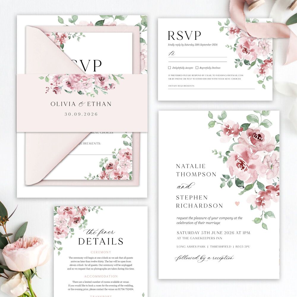 Dusky Blush Floral Wedding Invitation Sample