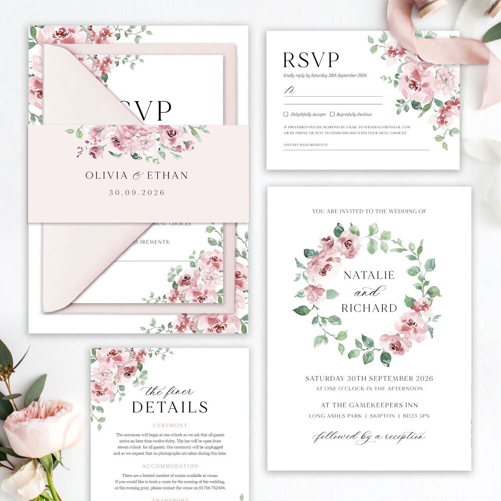 Dusky Blush Floral Wedding Invitation Sample