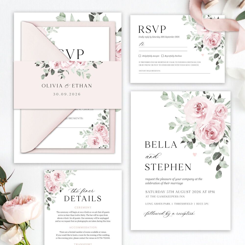 Dusky Pink Floral Wedding Invitation Sample