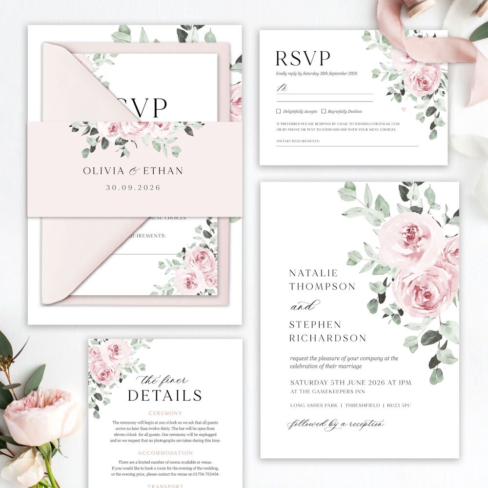 Baby Pink Floral Wedding Invitation Sample