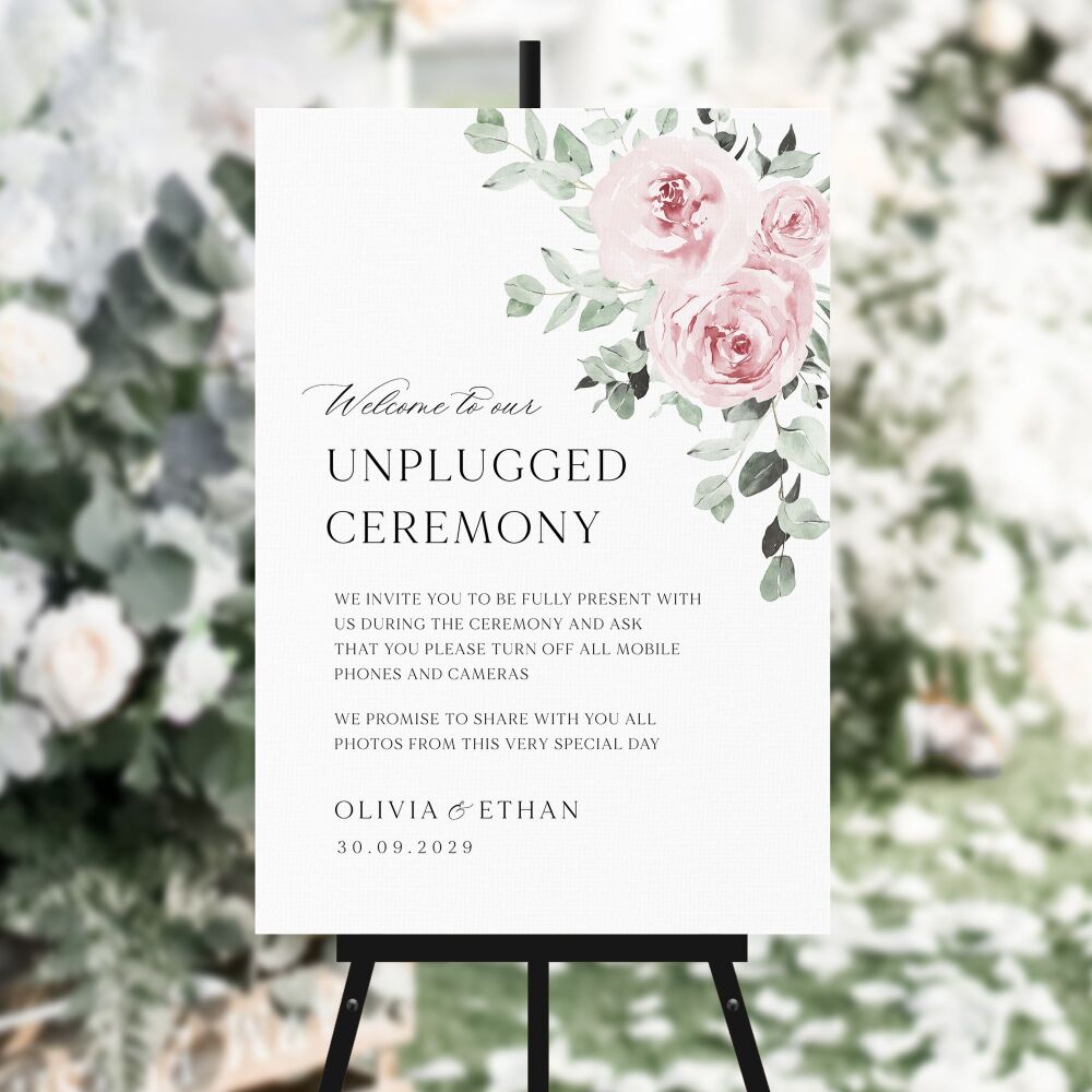 Baby Pink Floral Unplugged Ceremony Sign