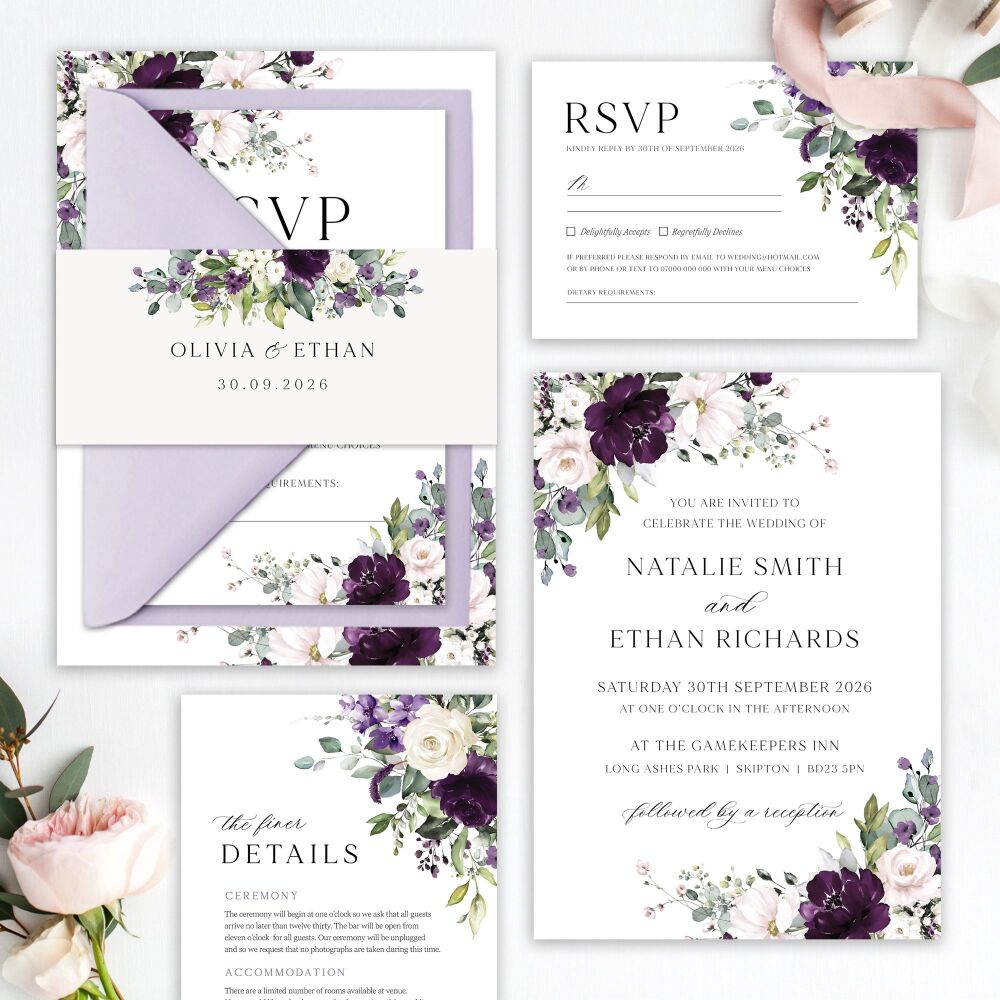Plum & Ivory Floral Wedding Invitation Sample