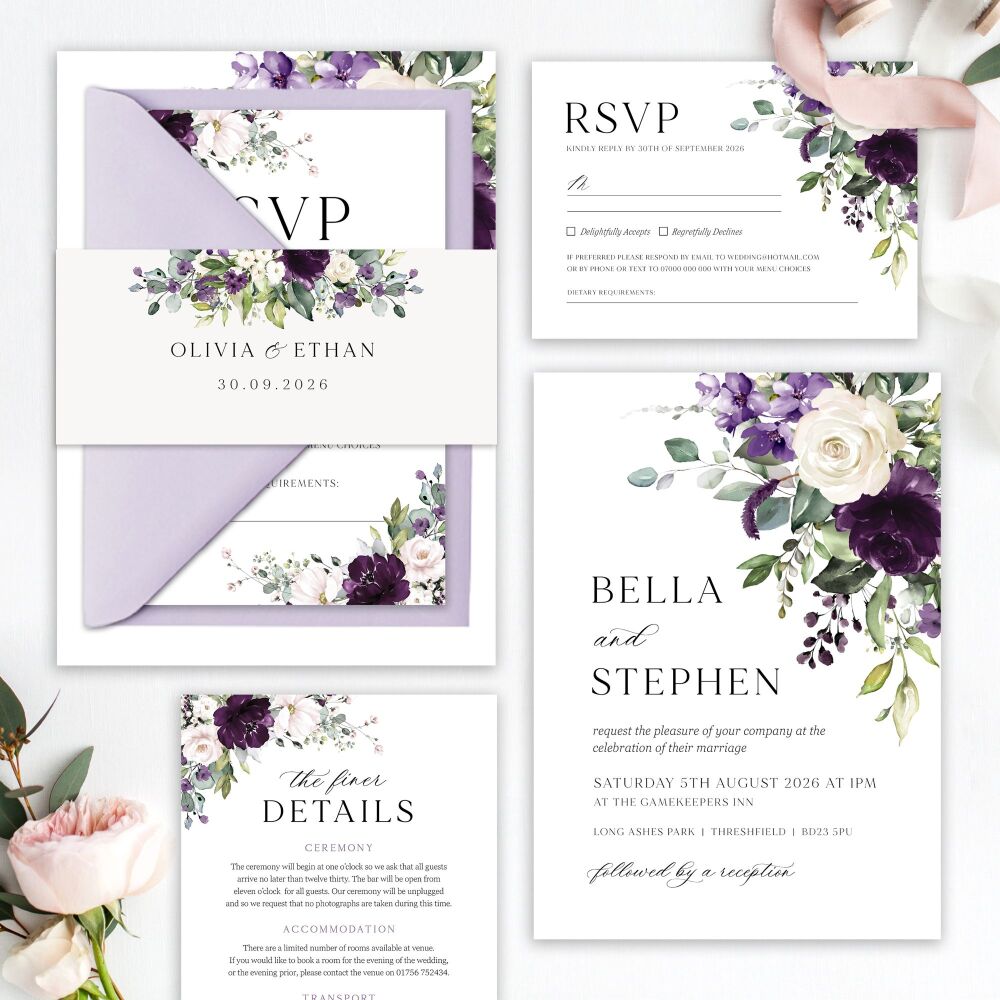 Plum & Ivory Floral Wedding Invitation Sample