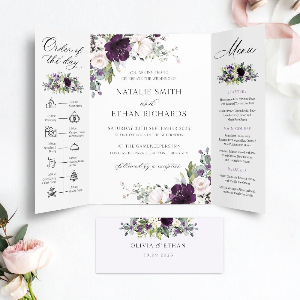 Plum & Ivory Floral Wedding Invitation Sample