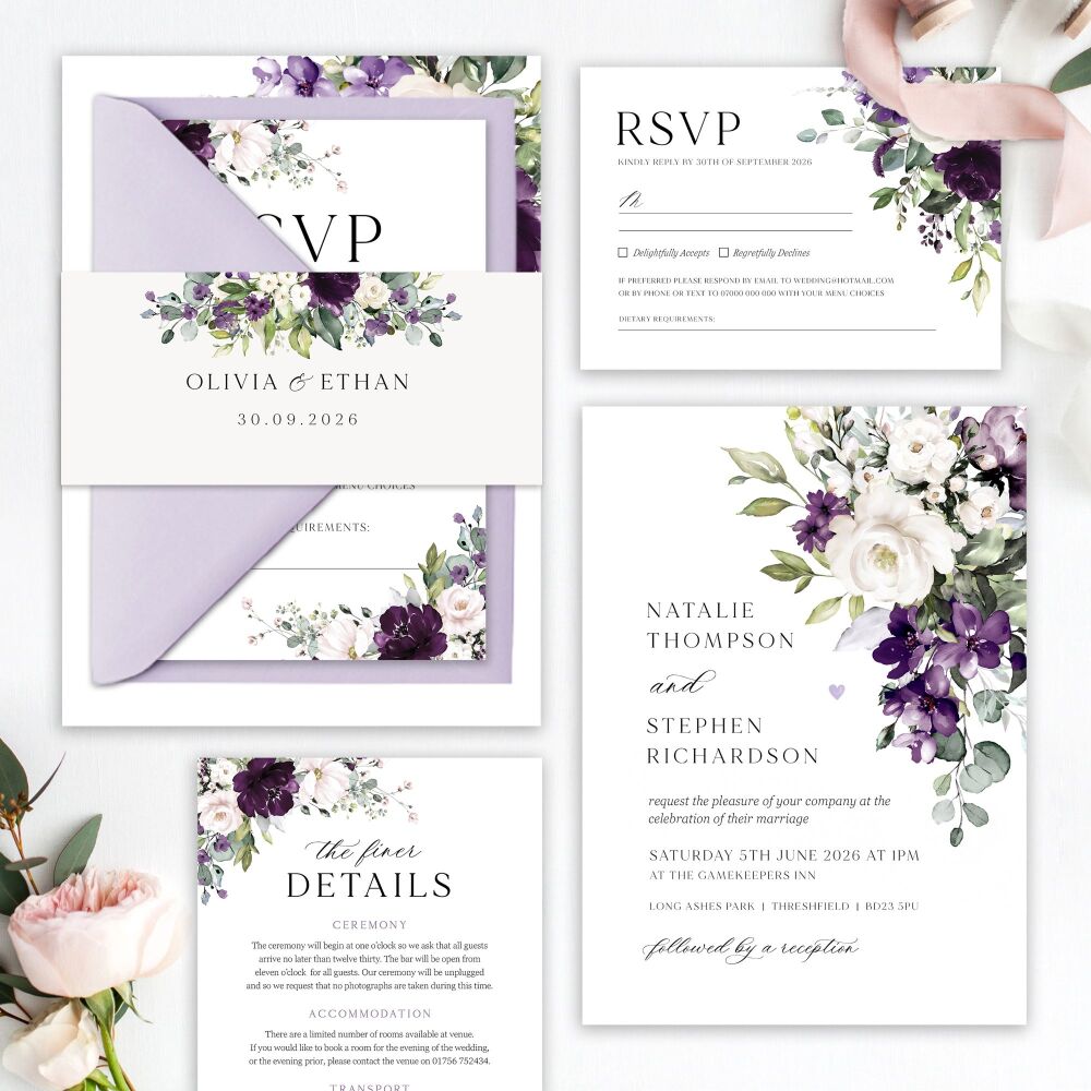Plum & Ivory Floral Wedding Invitation Sample
