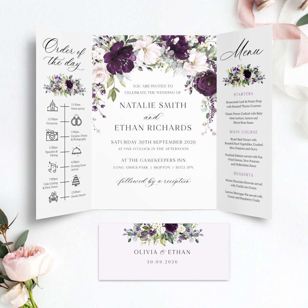 Plum & Ivory Floral Wedding Invitation Sample