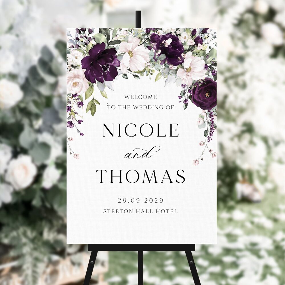 Plum & Ivory Floral Welcome Sign