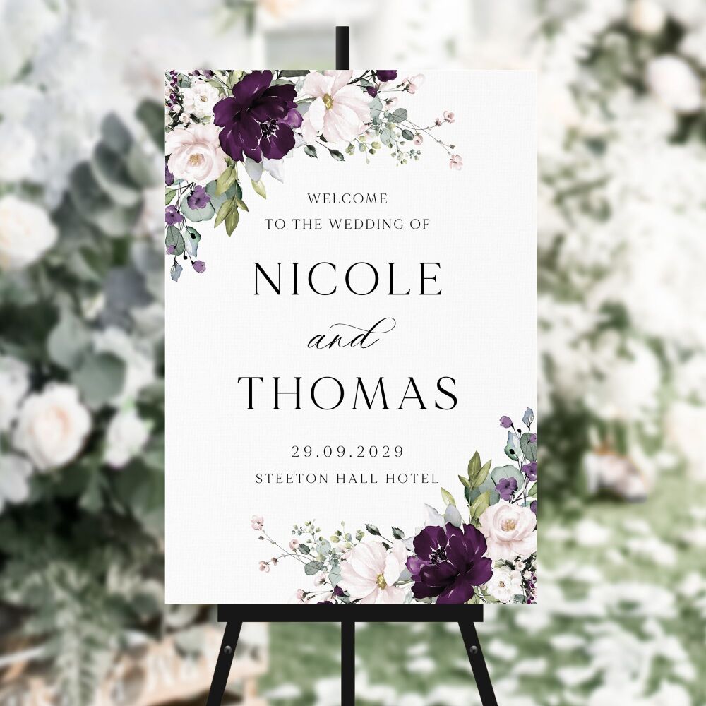 Plum & Ivory Floral Welcome Sign