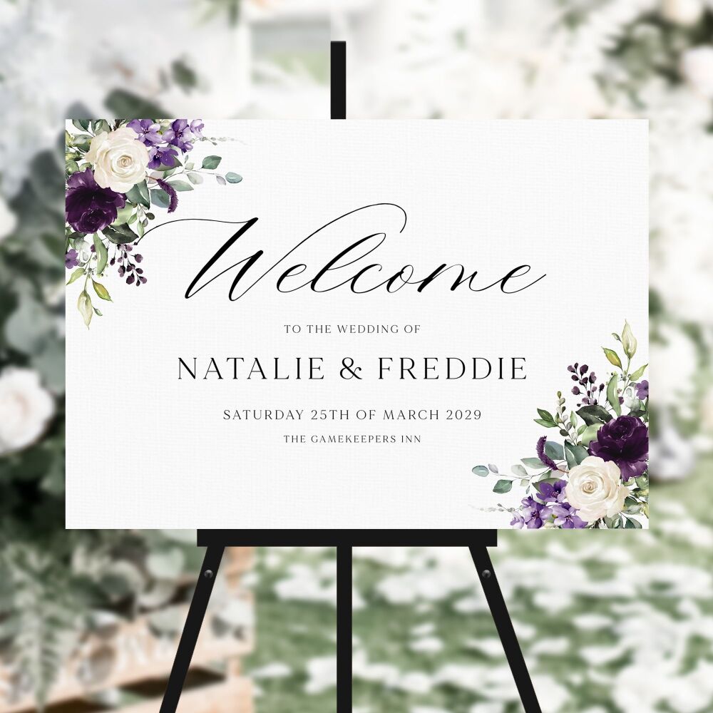 Plum & Ivory Floral Welcome Sign