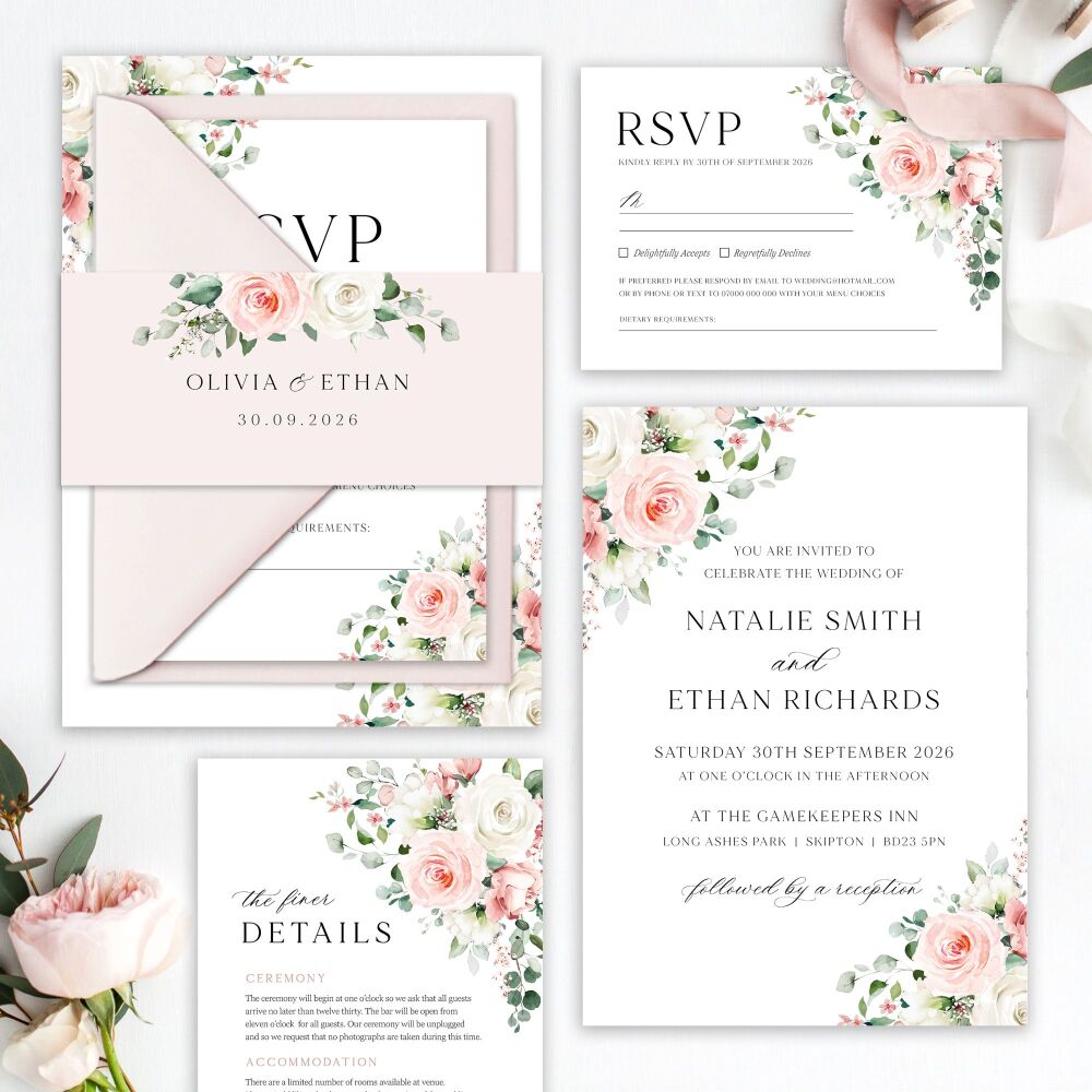 Blush Roses Wedding Invitation Sample