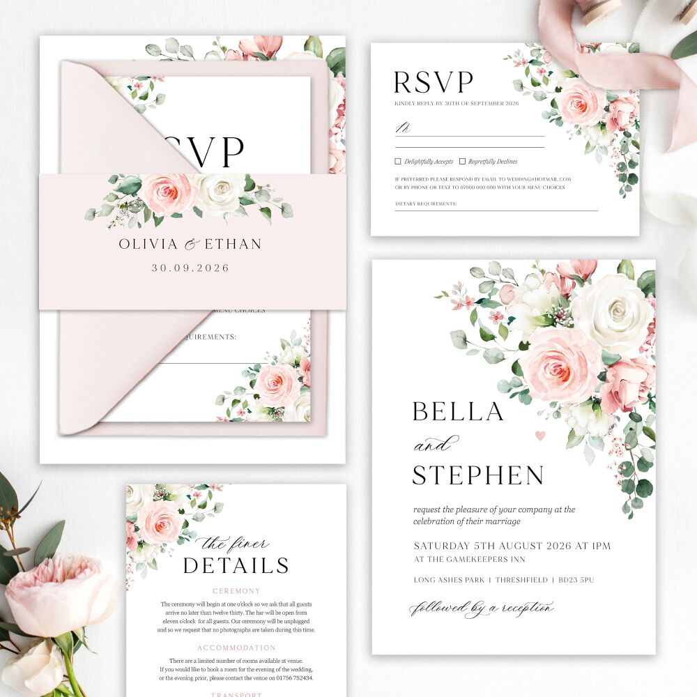 Blush Roses Wedding Invitation Sample