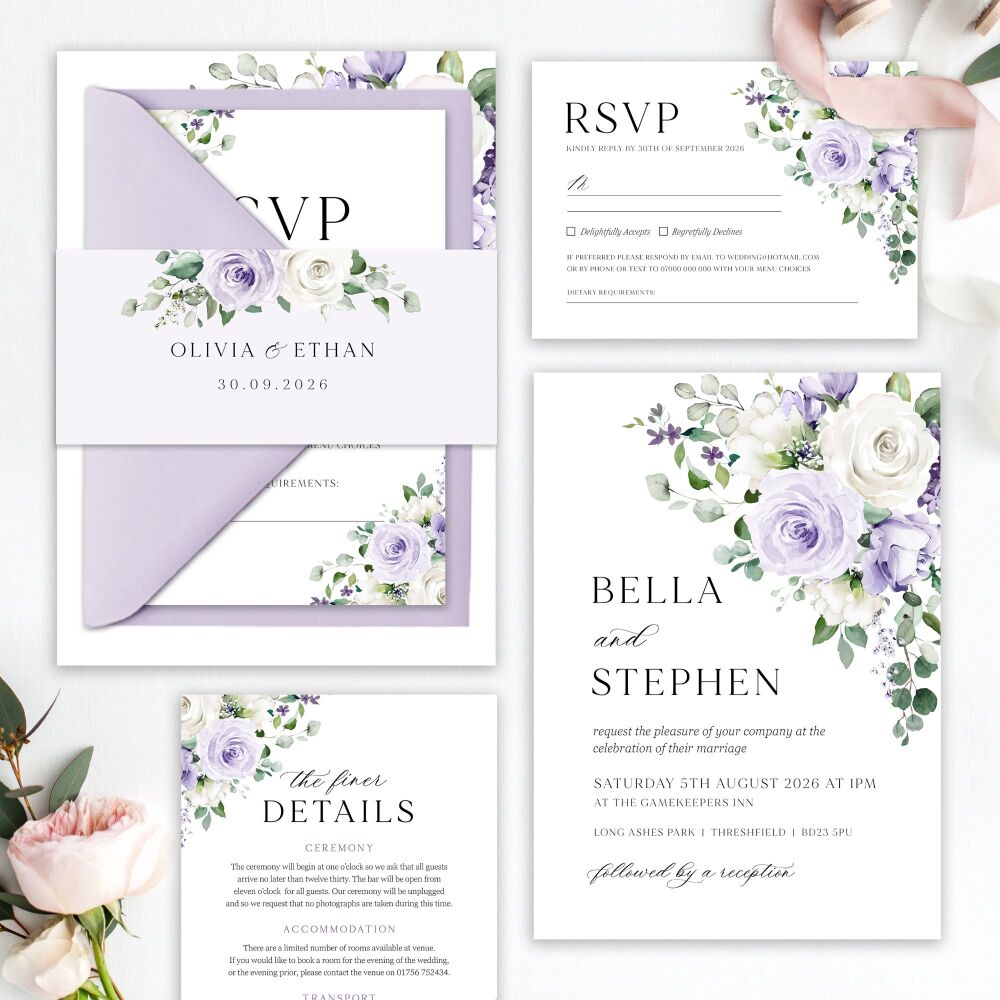 Lilac Roses Wedding Invitation Sample