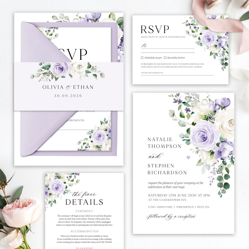 Lilac Roses Wedding Invitation Sample