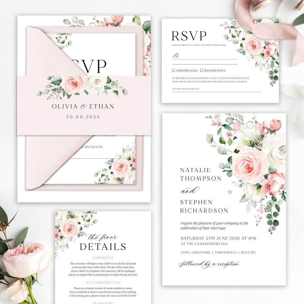 Blush Roses Wedding Invitation Sample