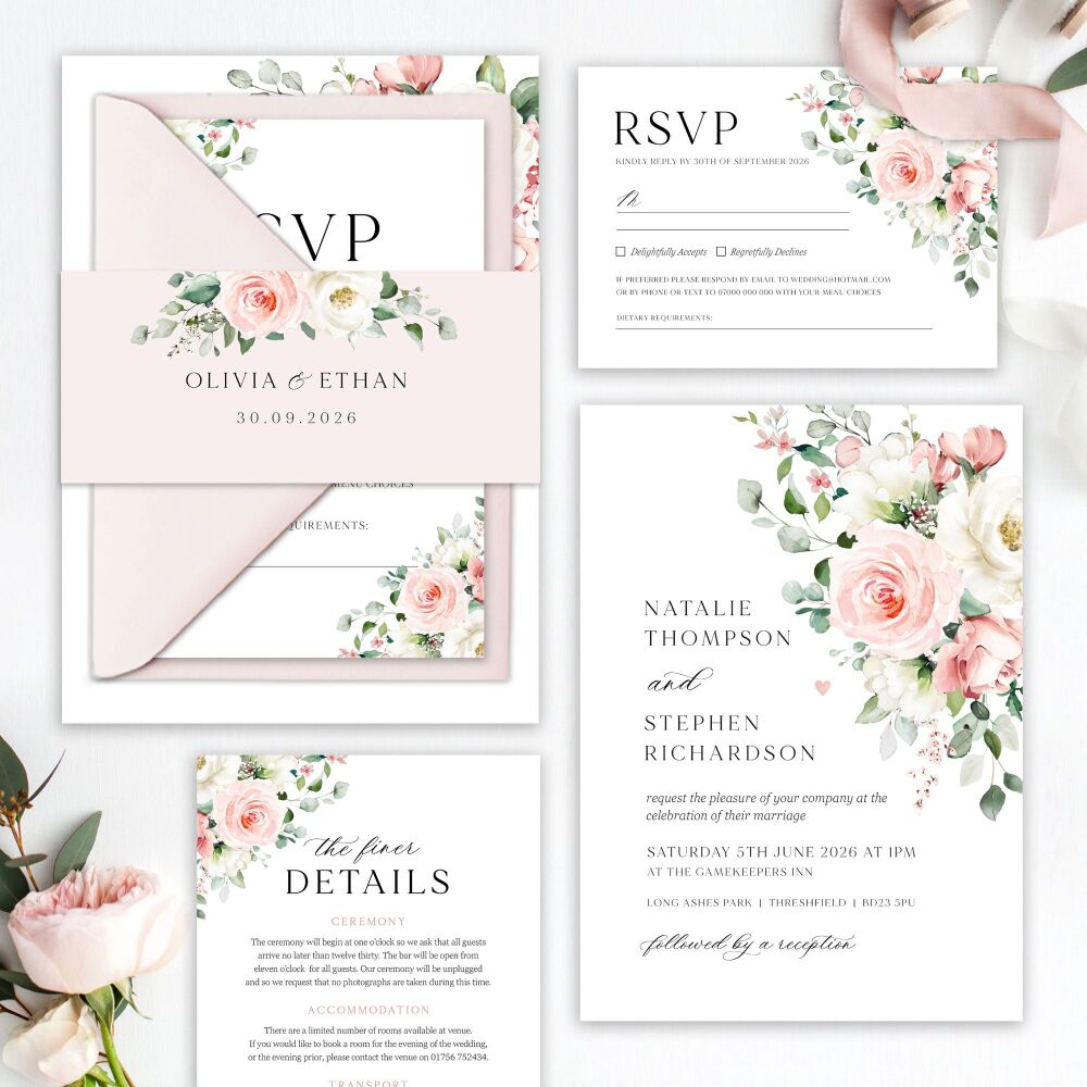 Blush Roses Wedding Invitation Sample