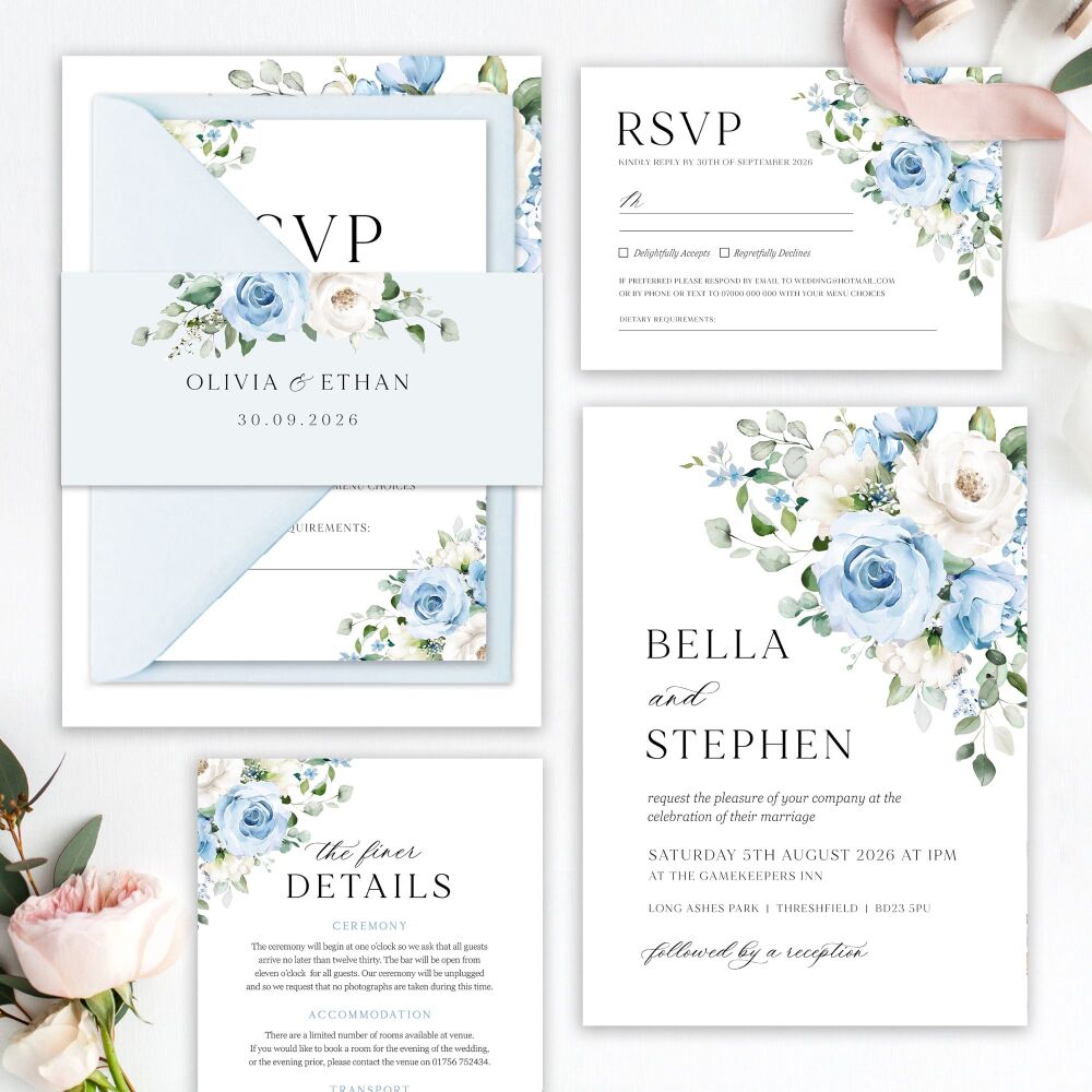Blue Roses Wedding Invitation Sample