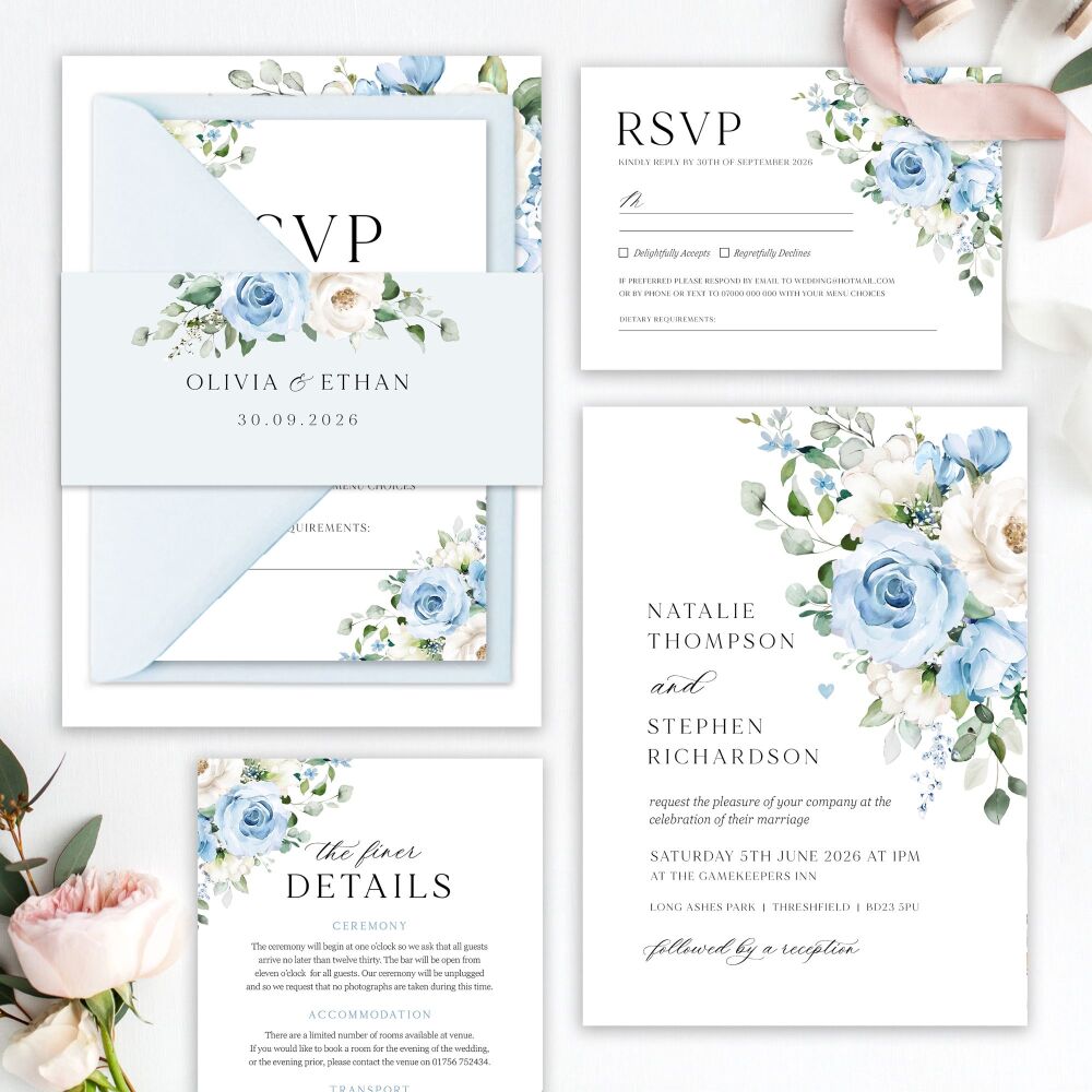 Blue Roses Wedding Invitation Sample
