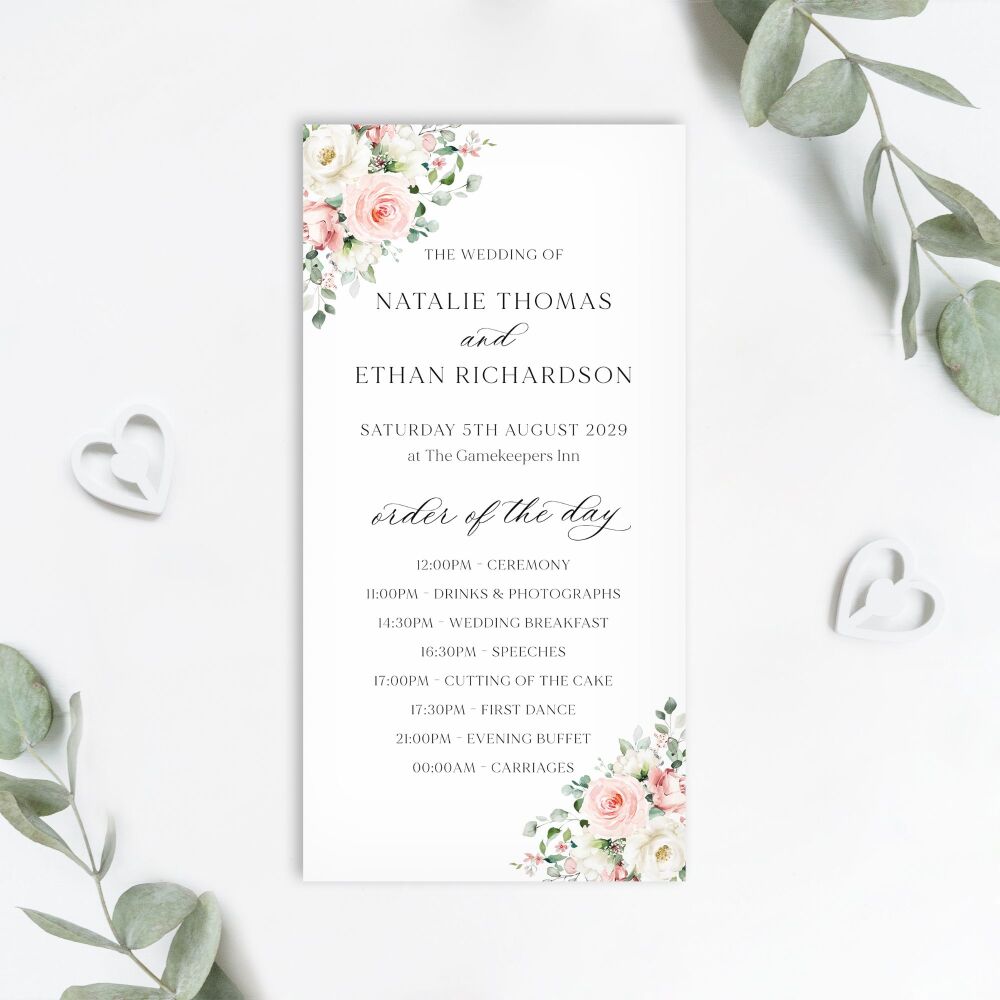 Blush Roses Order of the Day Card