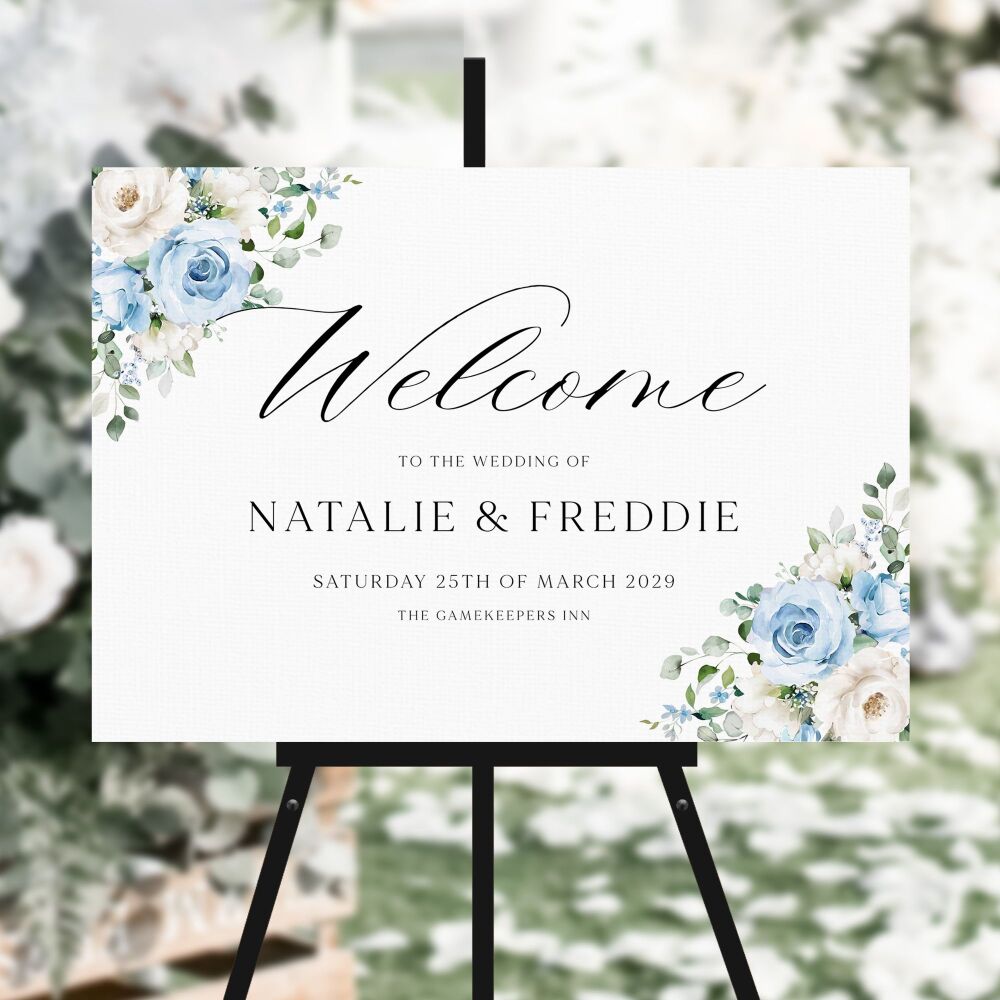 Blue Roses Welcome Sign