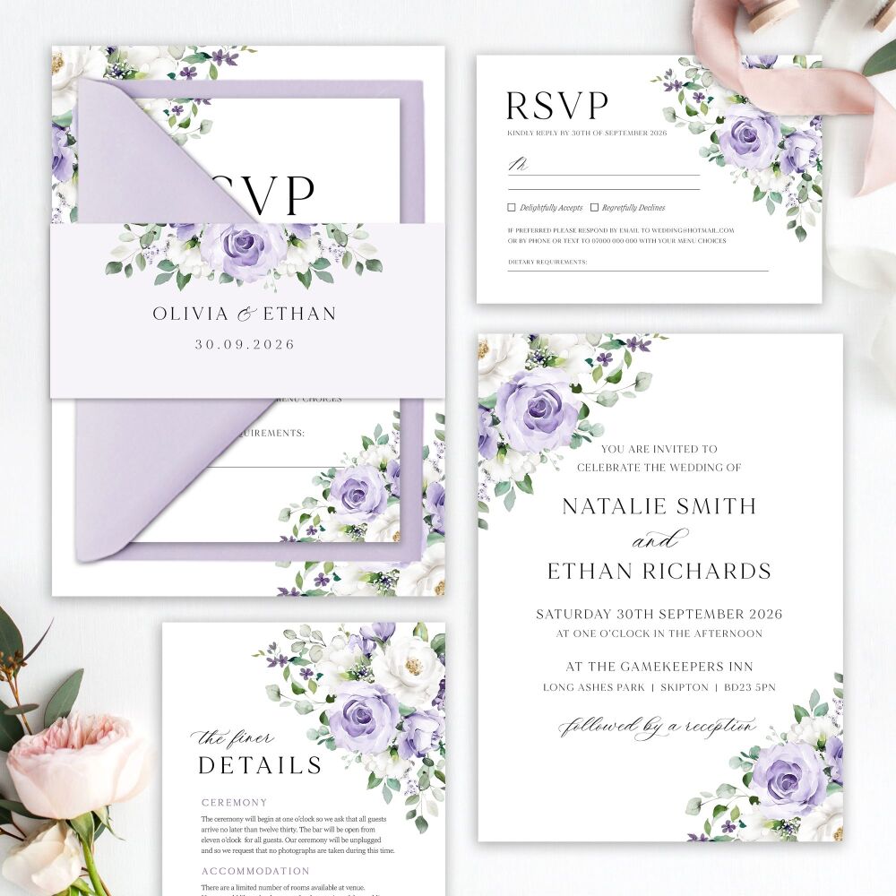 Lilac Roses Wedding Invitation Sample