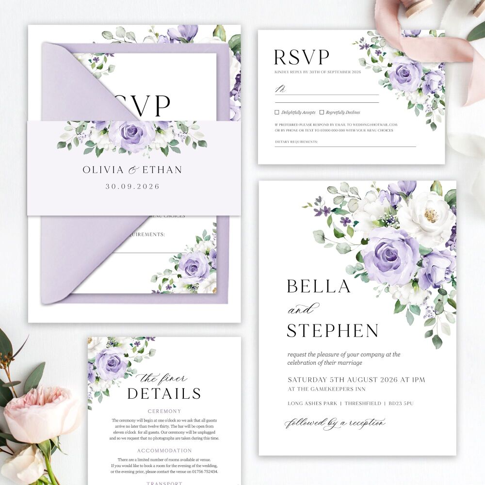 Lilac Roses Wedding Invitation Sample