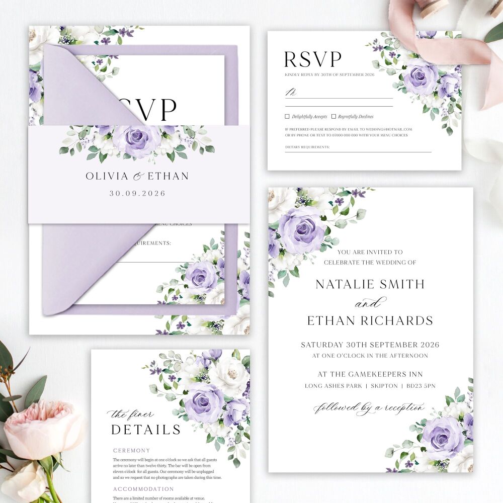 Lilac Roses Wedding Invitation Sample
