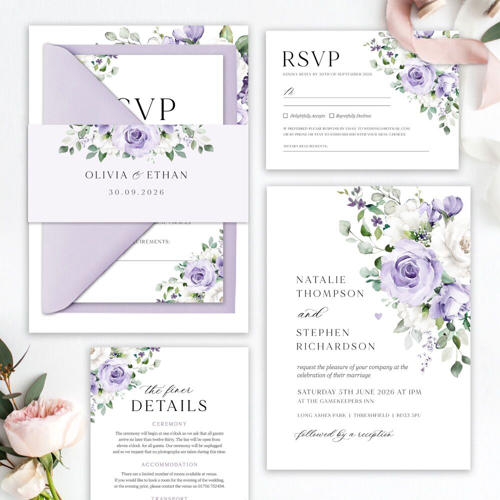 Lilac Roses Wedding Invitation Sample