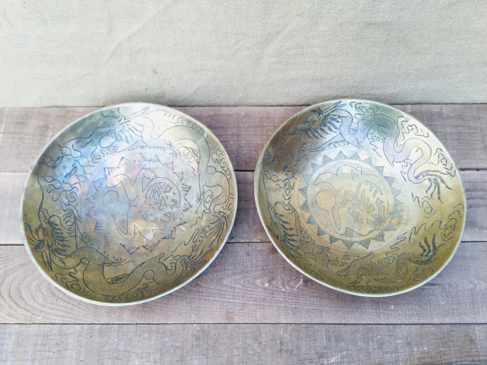 Vintage Pair Of Oriental Asian Dragon Large Brass Chargers