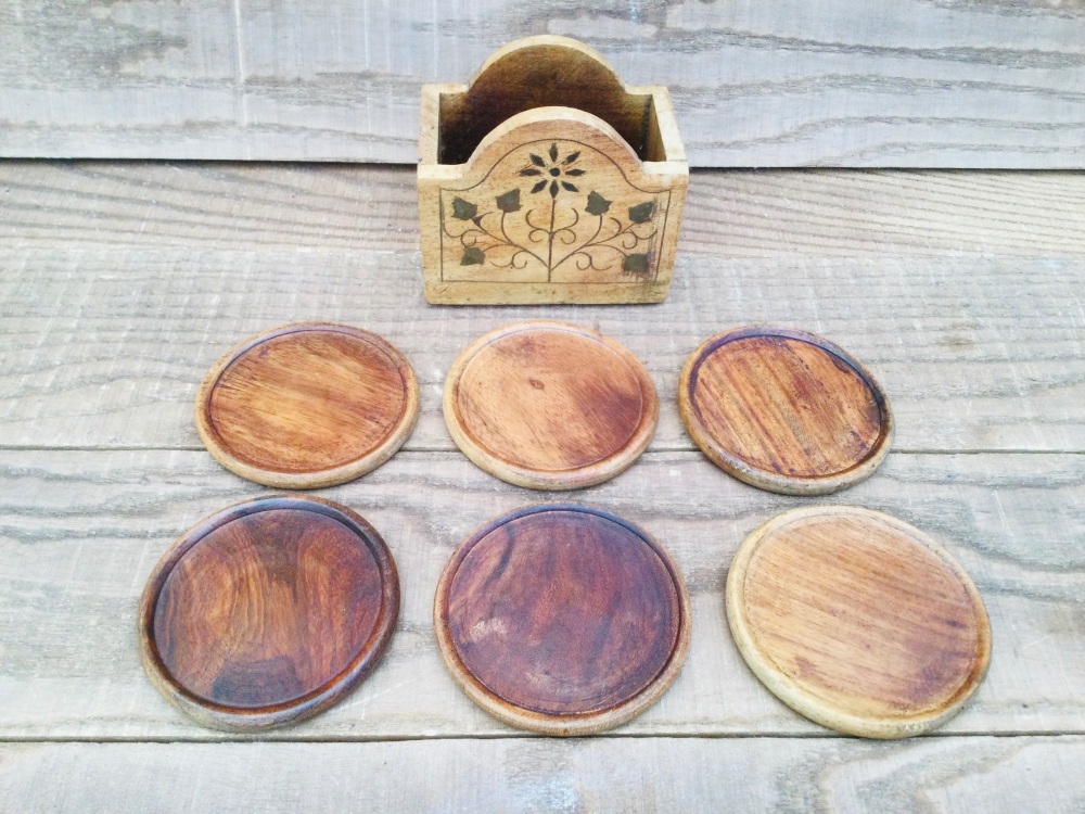 Vintage Set of 6 Wooden Round Vintage Coasters Brass Inlaid Stand