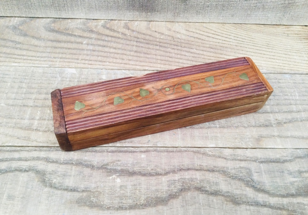 Vintage Handcrafted Original Brass Inlaid Wooden Pen Pencil Case Lidded Box