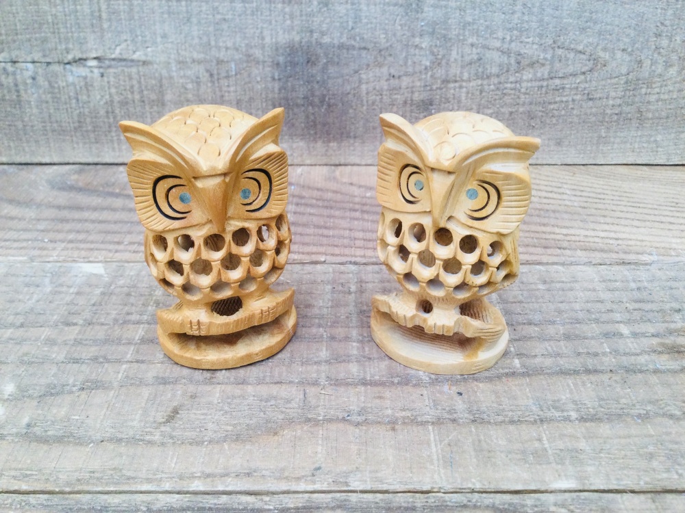 Vintage Carved Pair Wooden Owl Figurines