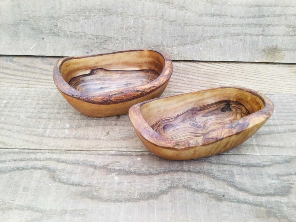 Pair Natural Edge Hand Carved Distinctive Grain Olive Wood Bowls