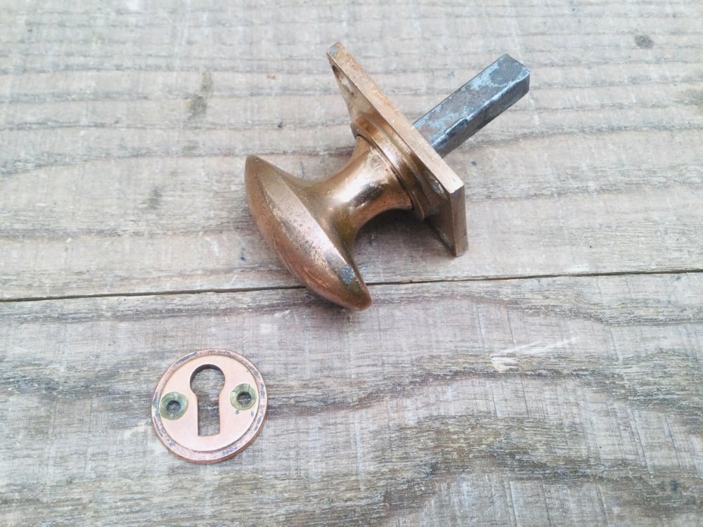 Vintage Copper Bronze Round Oval Door Knob & Escutcheon Plate