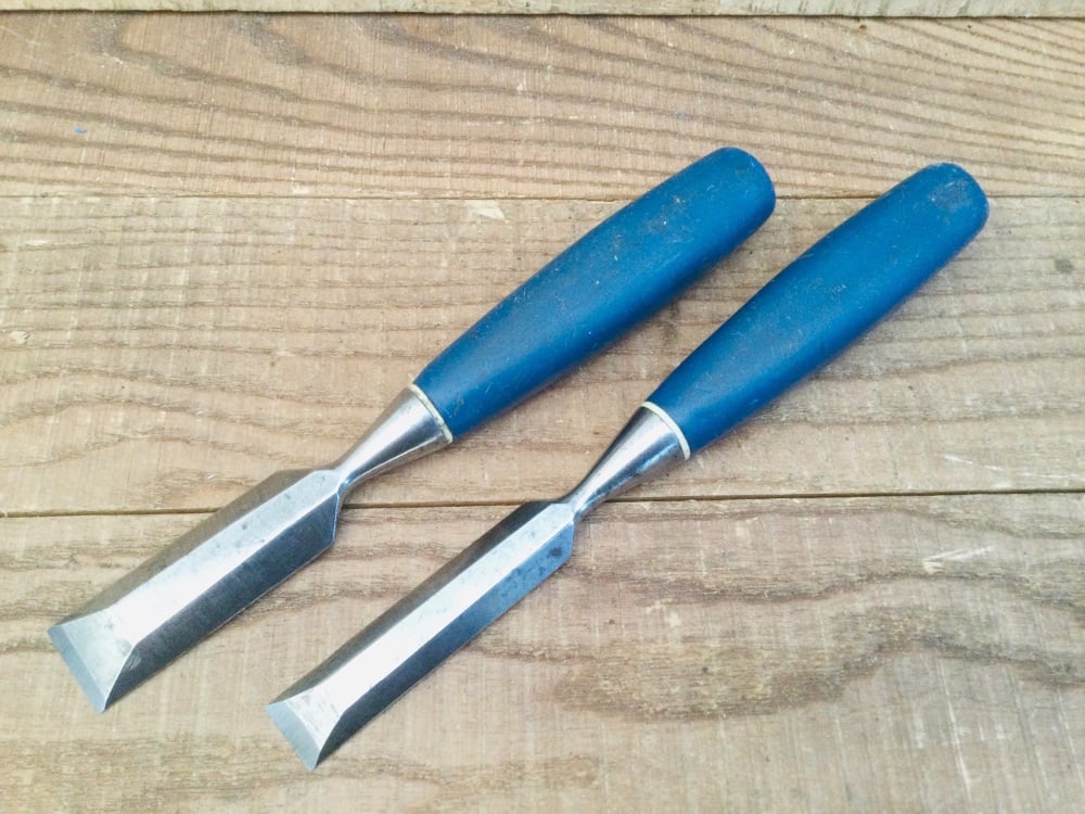 Vintage Woodworking Blue Handled Bevel Chisels 1” & 3/4”