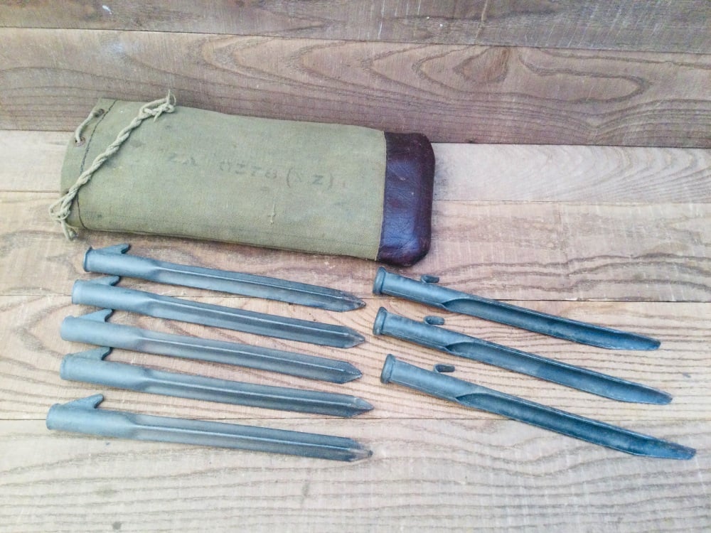 Vintage Tent Pegs & Canvas & Leather Bag