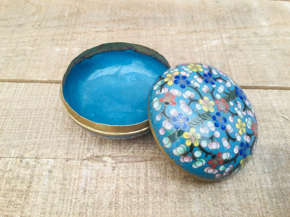 Vintage Blue Floral Cloisonné Pill Box Trinket Box