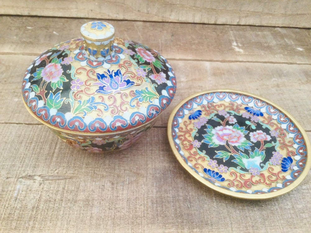 Vintage Cloisonne Floral Dish & Lidded Pot