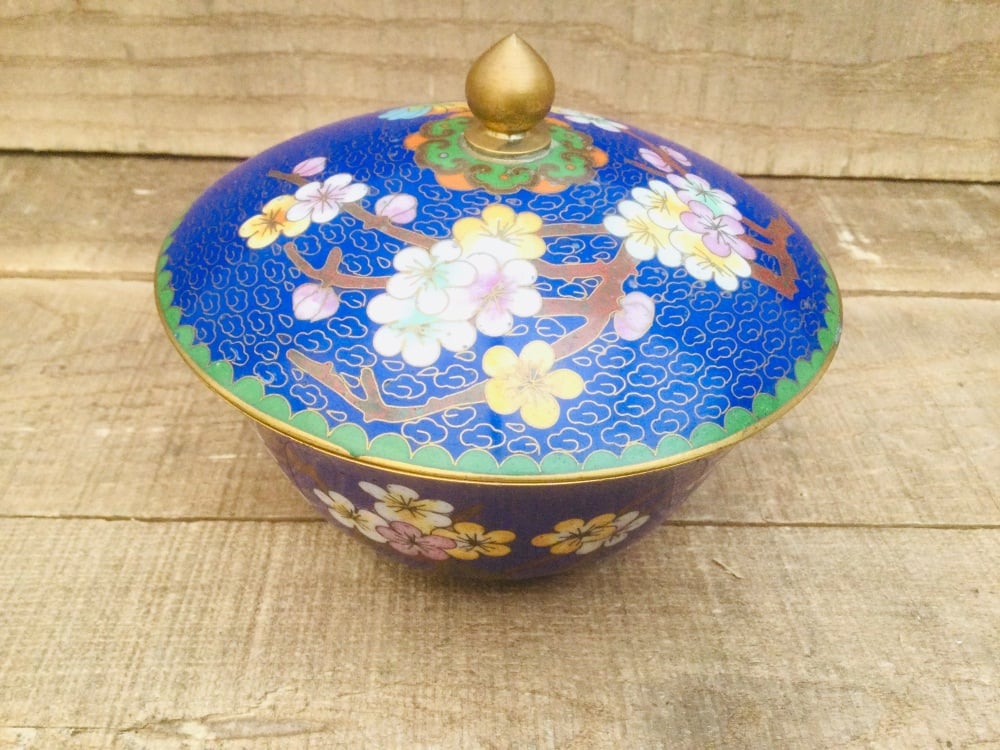 Vintage Cloisonné  Enamel Floral Butterfly Lidded Trinket Dish