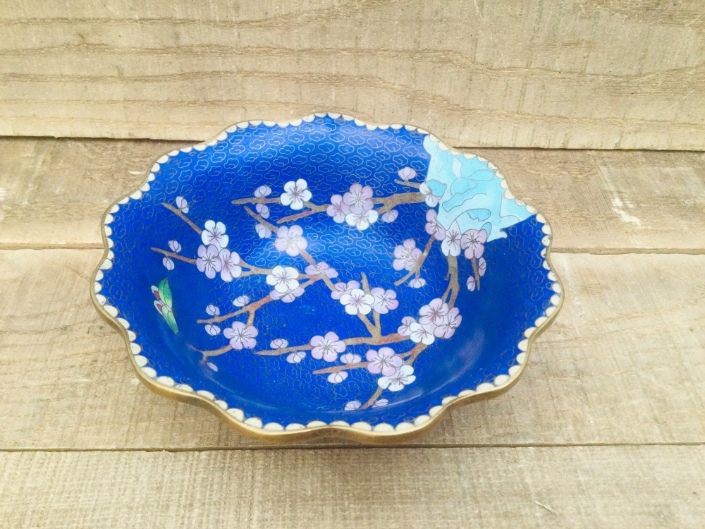 Vintage Cloisonné Floral Butterfly Enamel Bowl