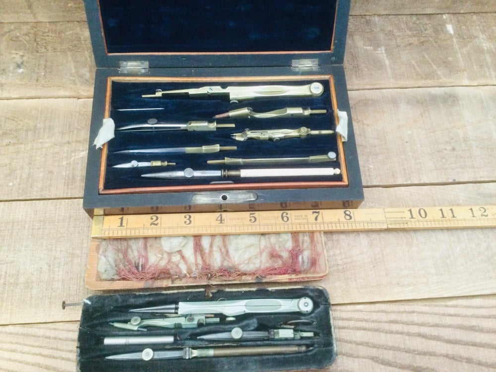 Vintage Draughtsman Technical Drawing Set Mahogany Case & Other Set