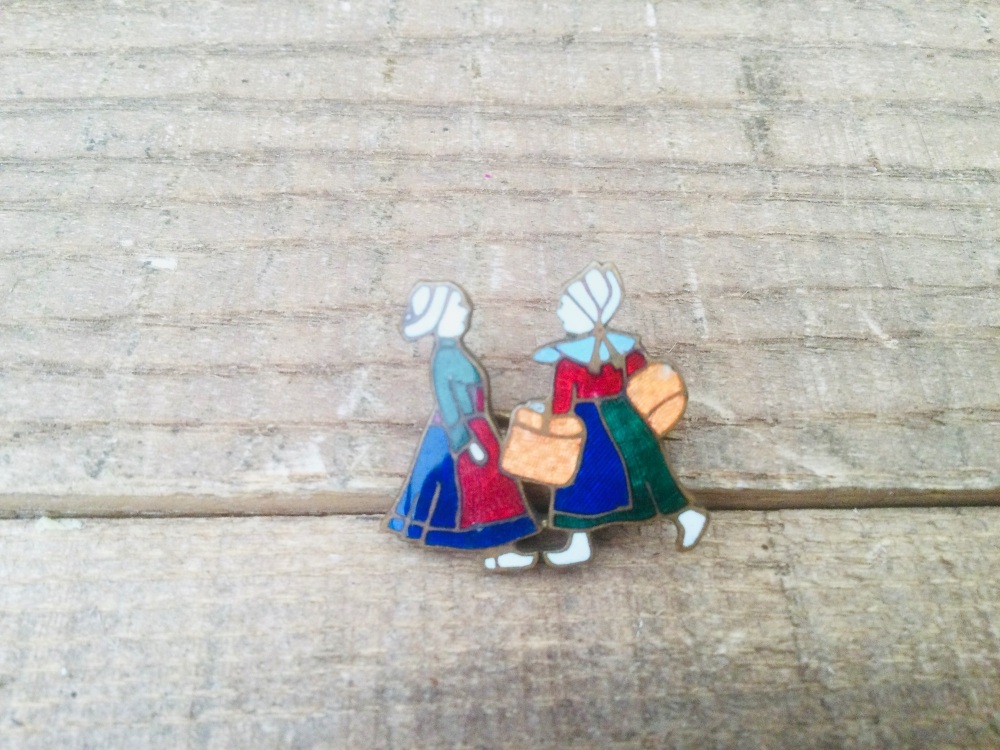 Vintage Dutch / Holland Enamel Pin Badge Two Women