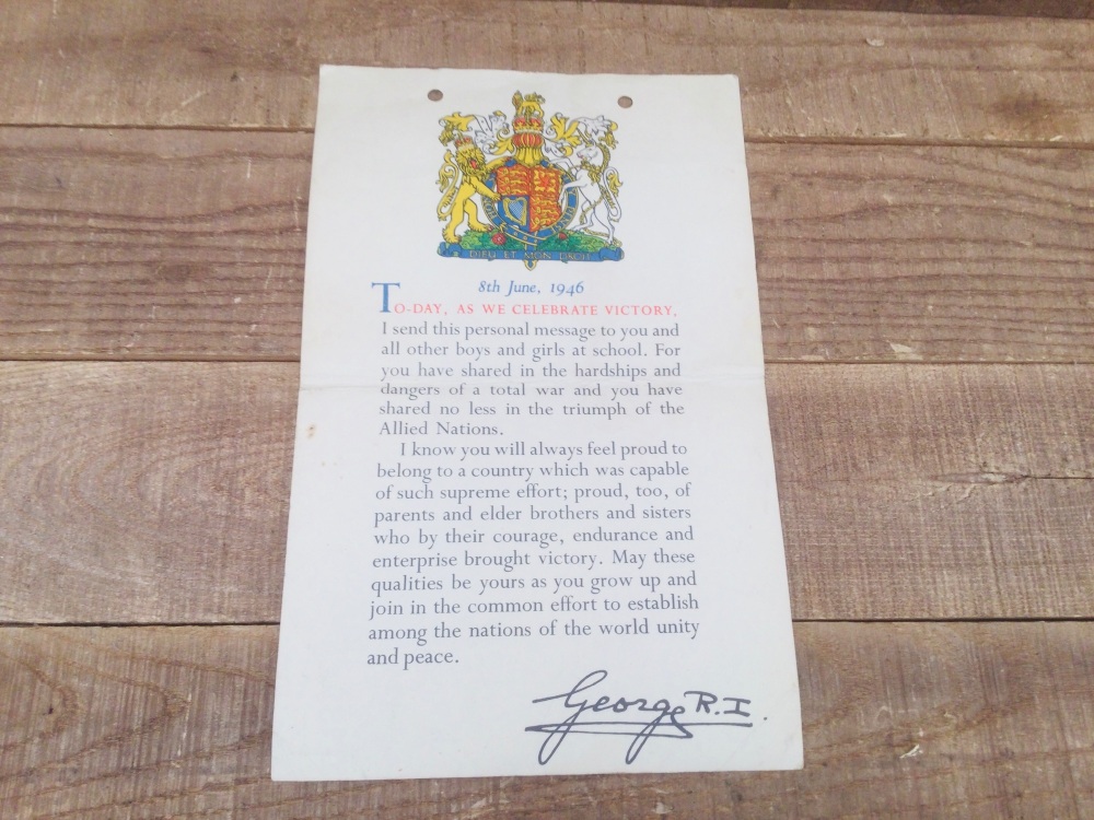 Victory Letter King George VI To School Children Celebrating WW2 Victory 1946
