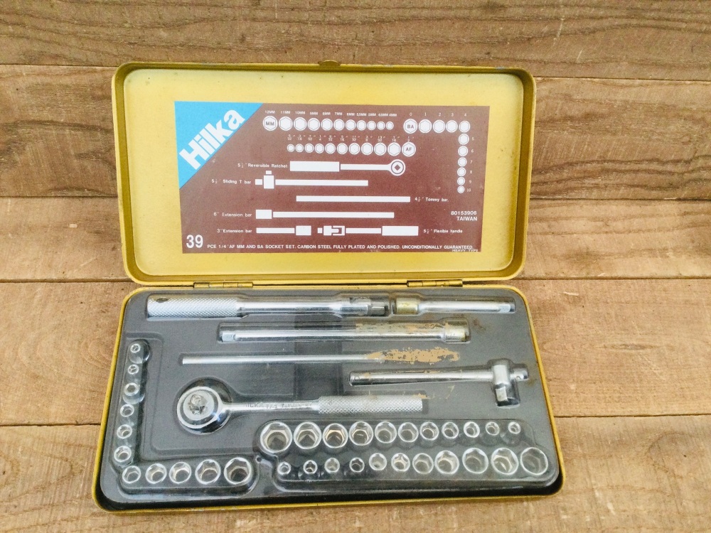 Vintage HILKA 39 Pc 1/4” Drive Socket Set - AF / Metric / BA - Tin Case