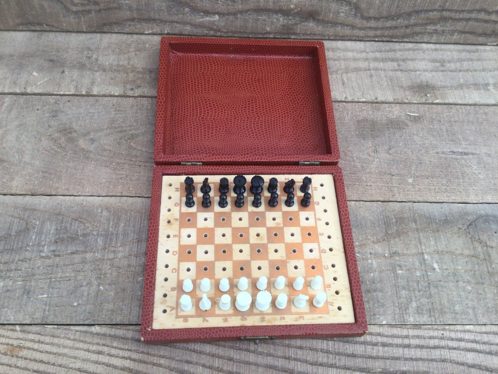 Vintage Miniature Travel Peg Chess Set In Hinged Wooden Case