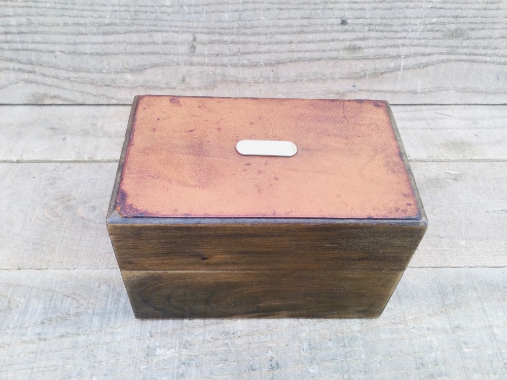 Vintage Wooden Trinket Jewellery Box Hinged Leather Topped Lid