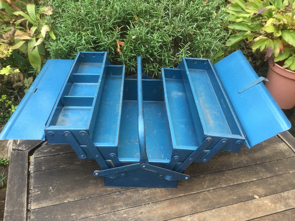 Vintage Blue Metal Tool Box Cantilever