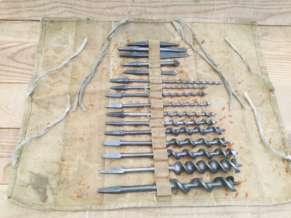 Vintage Carpentry Drill Brace Boring Bits Selection & Canvas Tool