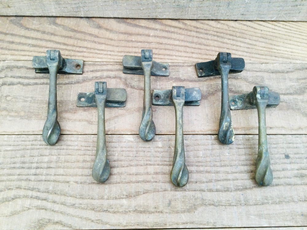 Six Antique Reclaimed Solid Ornate Brass Window Latch Casement Handles