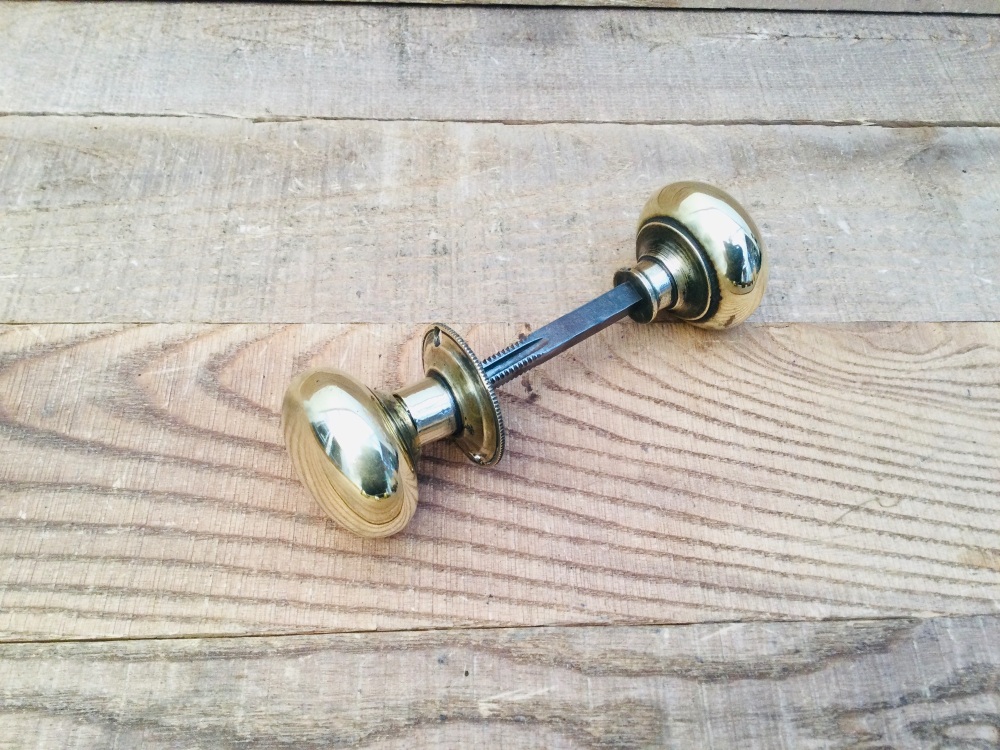 Vintage Reclaimed Round Brass Door Knob Handles & Mortice Lock Bar